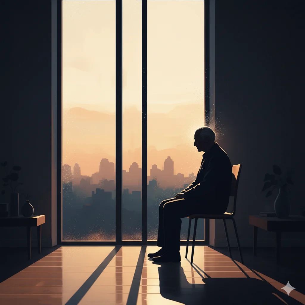 A stylized image of an older person sitting alone by a window, deep in contemplation.