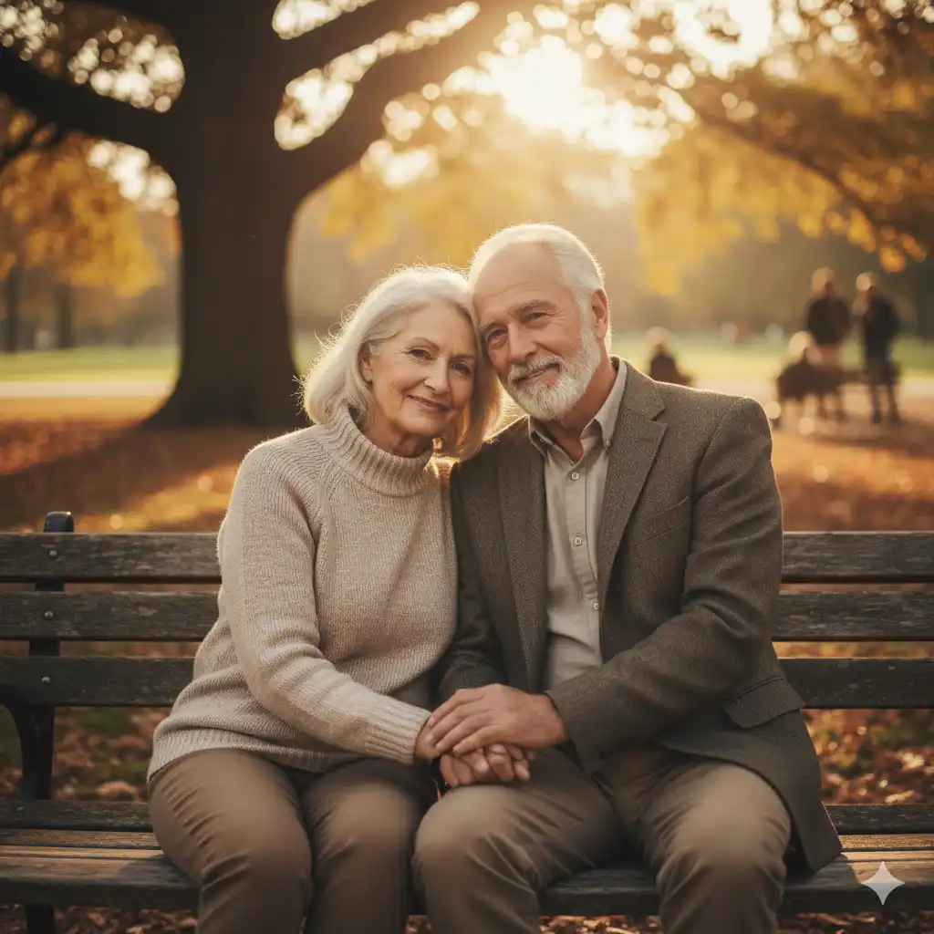 A warmly lit image of a couple in their late 60s or early 70s sitting together on a park bench, holding hands.