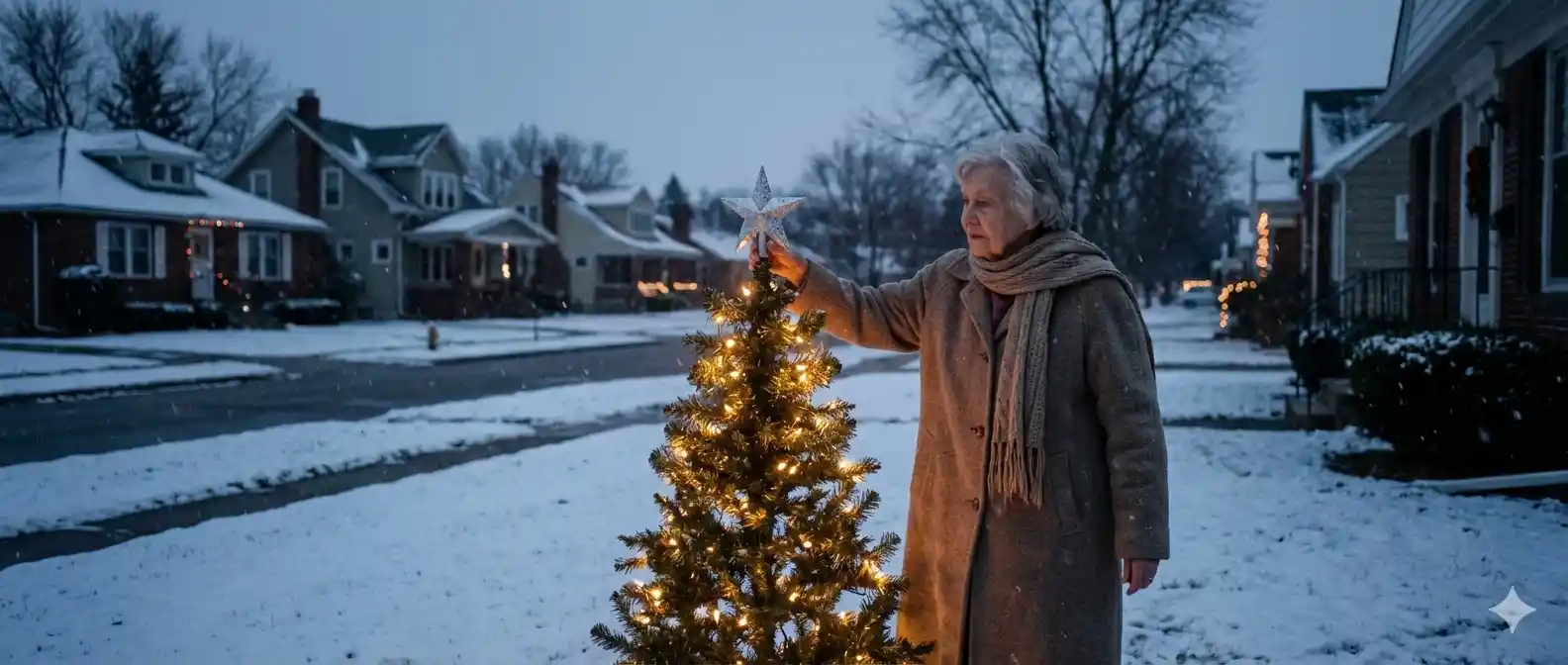Mabel decorating her Christmas tree in the snow