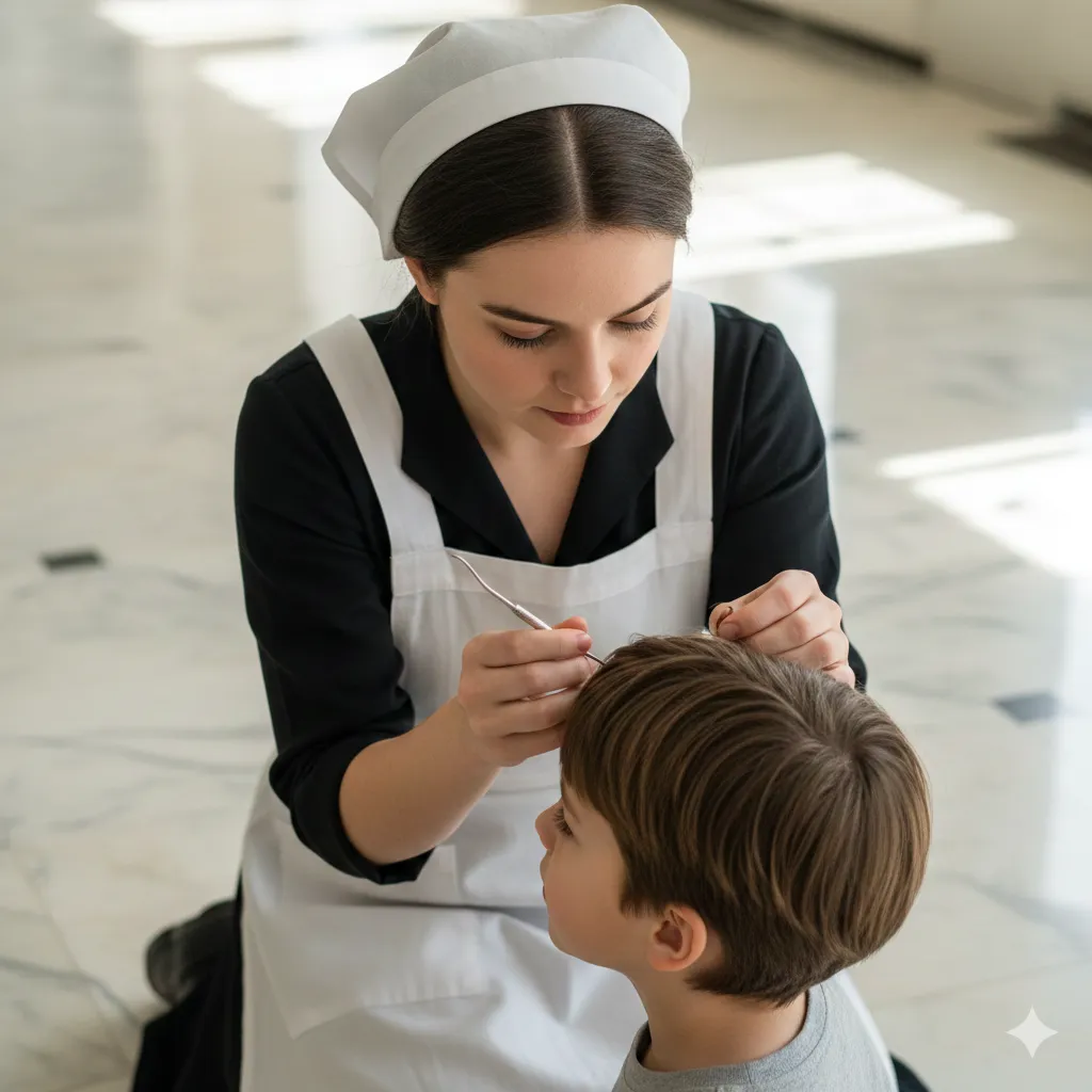 A maid, Grace, kneeling by a boy and gently examining his ear