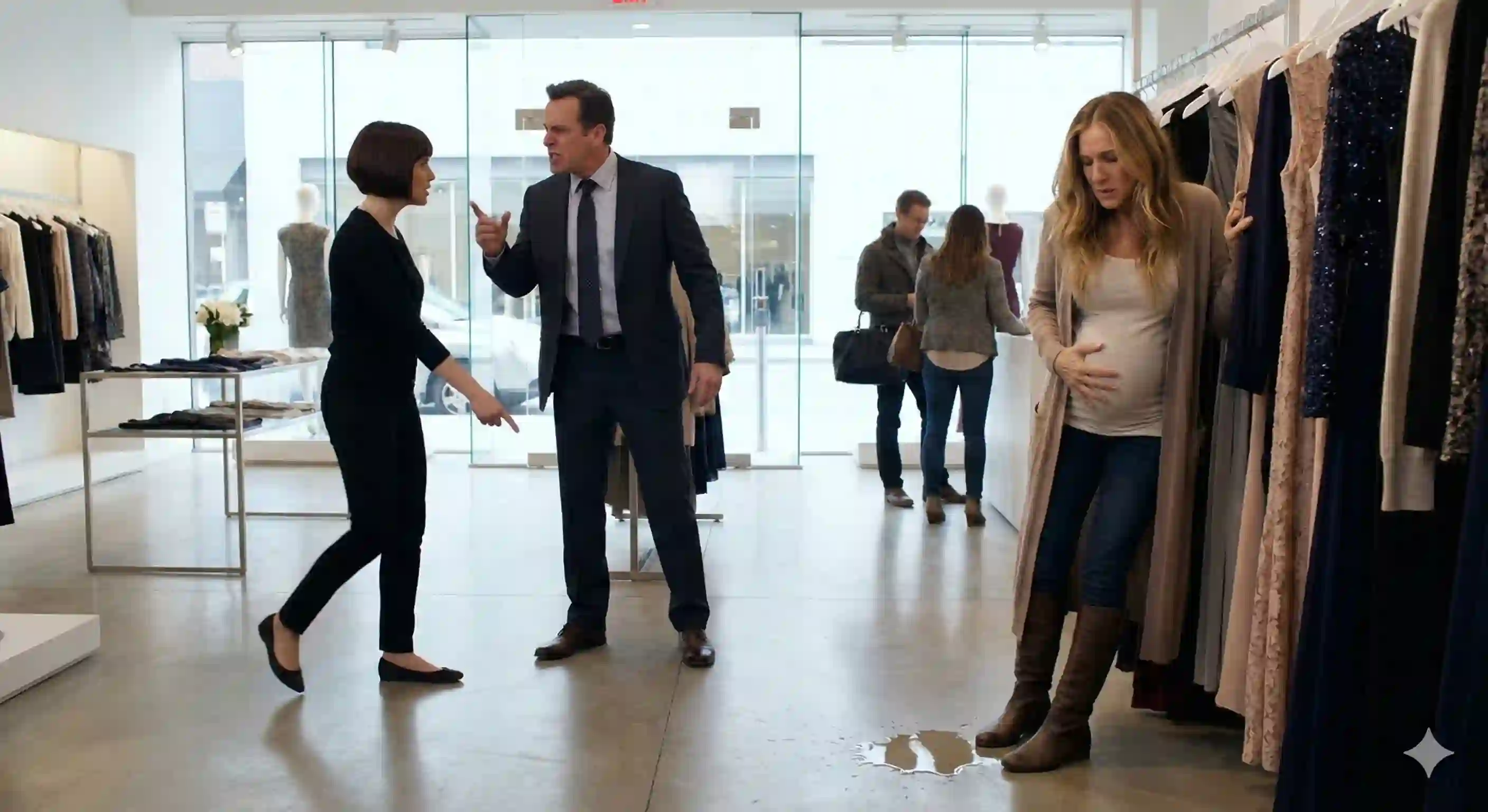 A tense, dramatic scene in a high-end, brightly lit clothing boutique. A sharply-dressed, furious man (Danny, mid-30s) stands demanding attention. He is confronting a saleswoman with a dark bob who is recoiling or pointing in shock. In the foreground, a heavily pregnant woman (Carrie) is leaning against a rack or wall, clearly in pain and distress, with a wet spot visible on the floor near her feet.