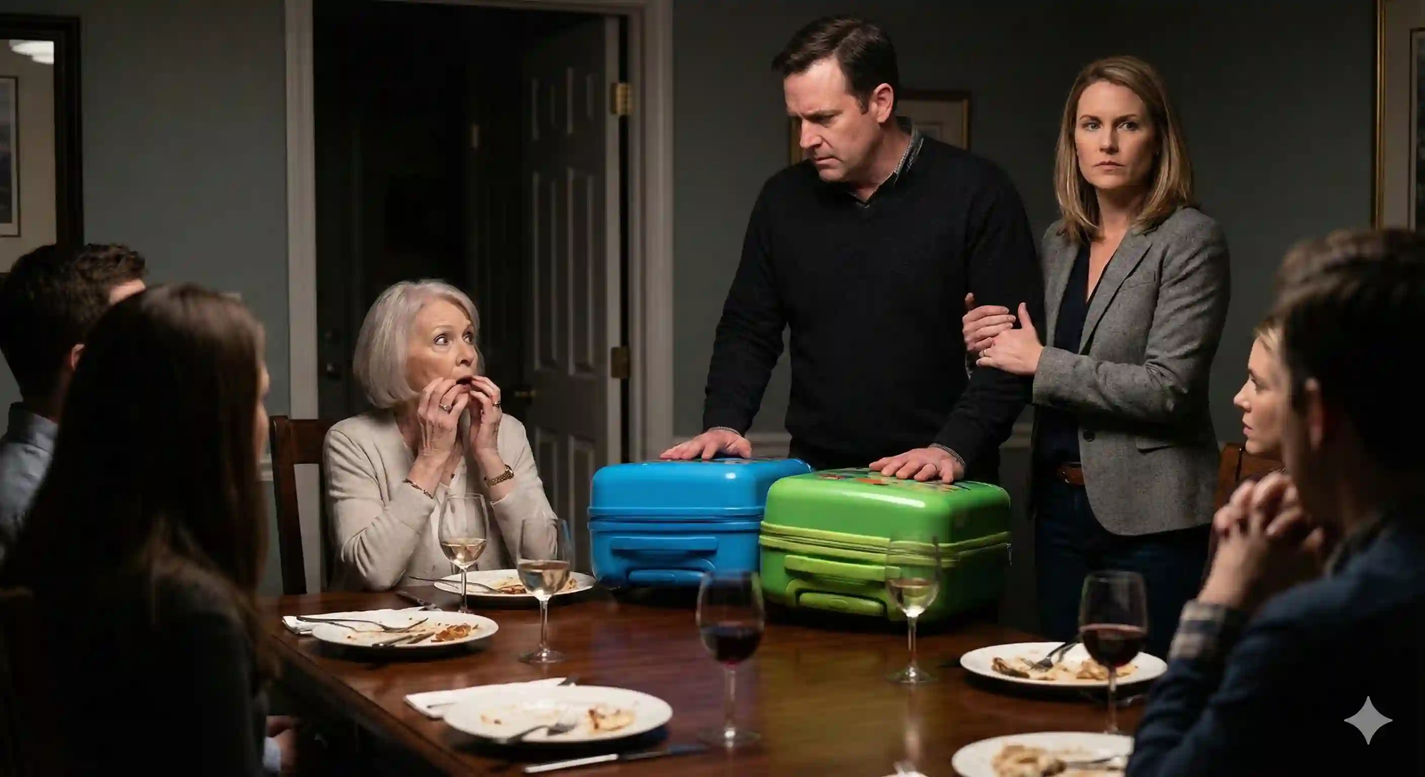 A tense dinner table scene. A man (Mark) stands sternly, holding small blue and green suitcases, confronting his shocked and pale mother (Joyce) who is seated at the table. A woman (the narrator) stands beside Mark, looking firm and protective.