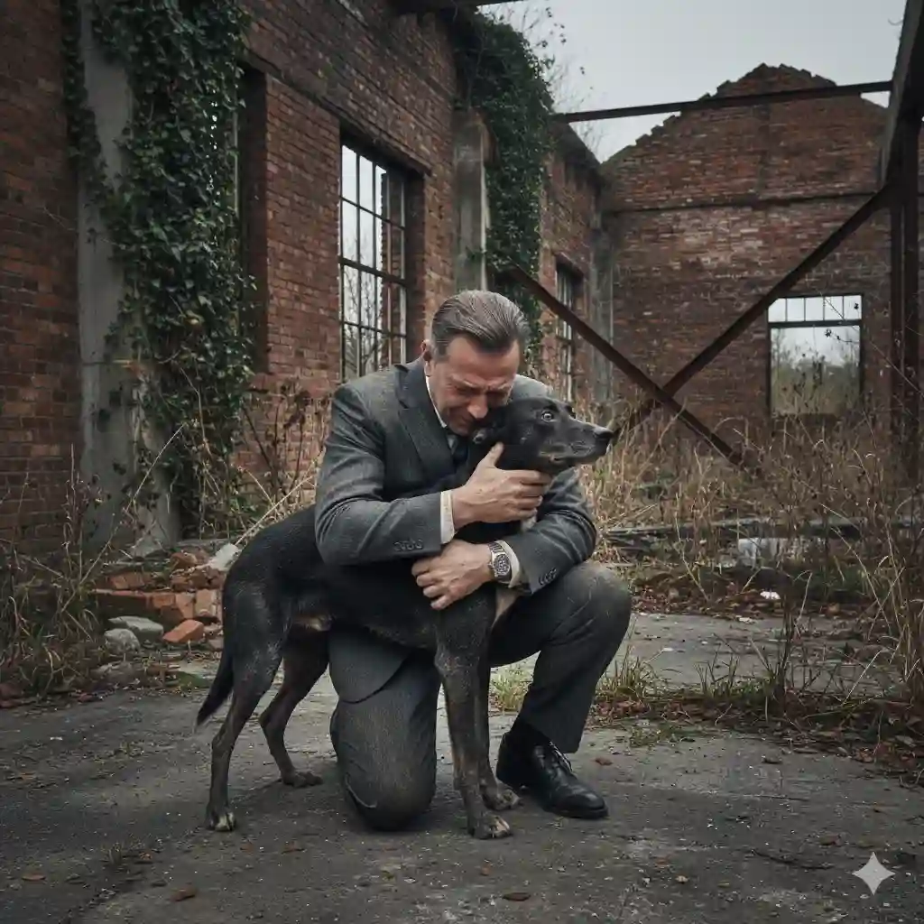 A millionaire (Eduardo) kneeling down and hugging his missing black dog (Thor) in the ruins of an old factory.