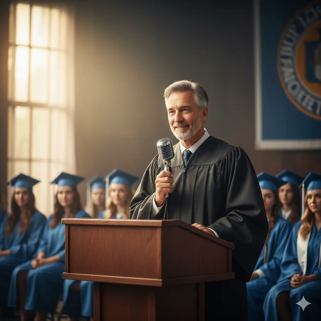 A man speaking passionately at a graduation podium
