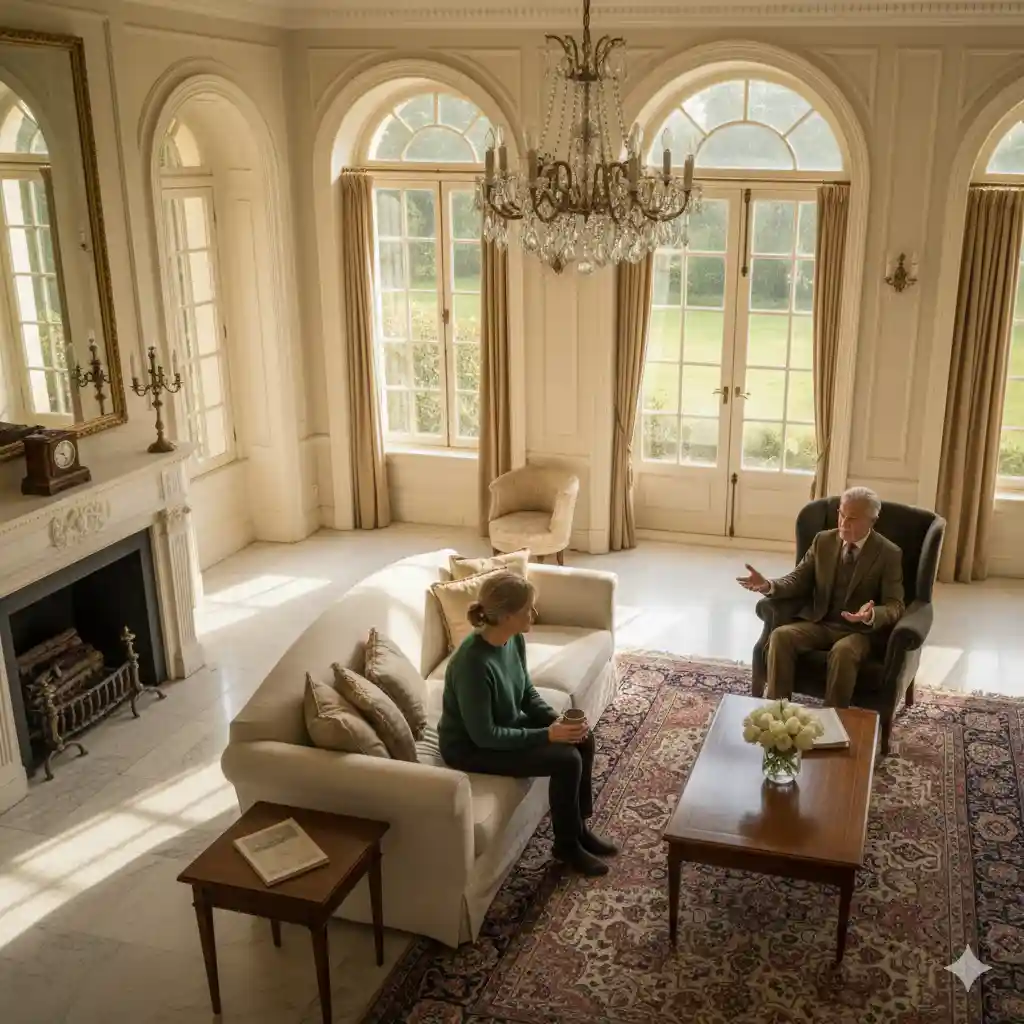 A woman (Lena) is perched uncomfortably on the edge of an expensive white sofa, clutching a simple travel mug, while a distinguished older man (Samuel) sits across from her, looking sincere and grateful.
