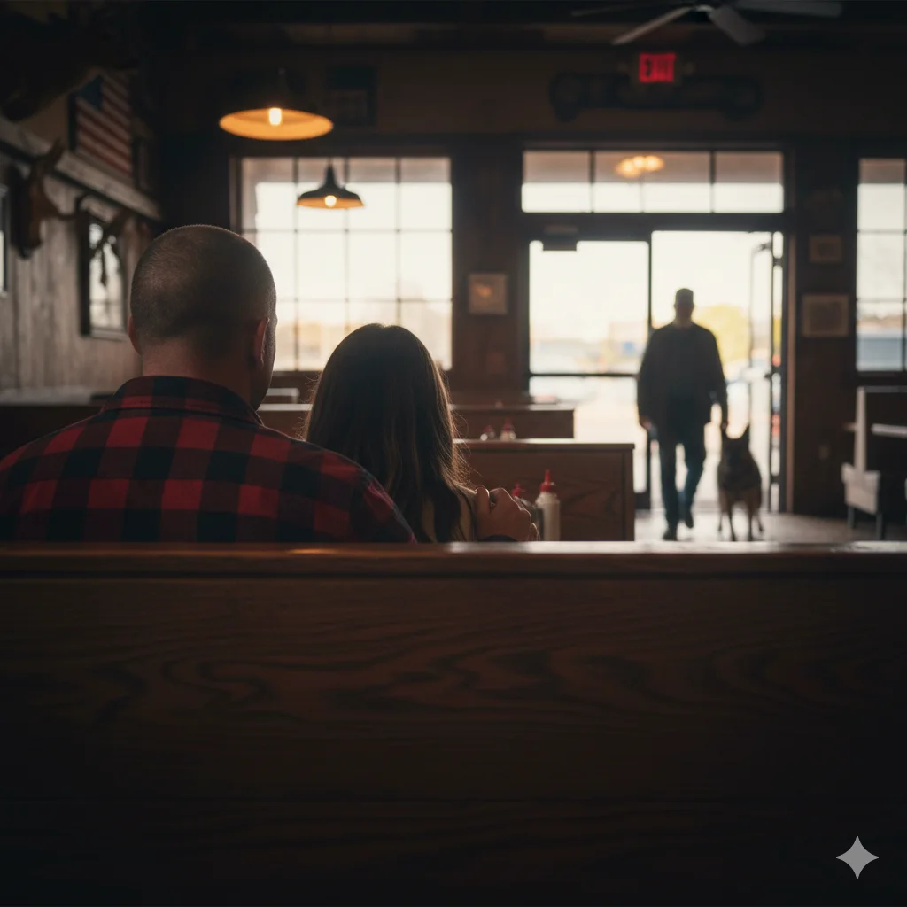 A Marine watching a veteran and his dog leave the restaurant