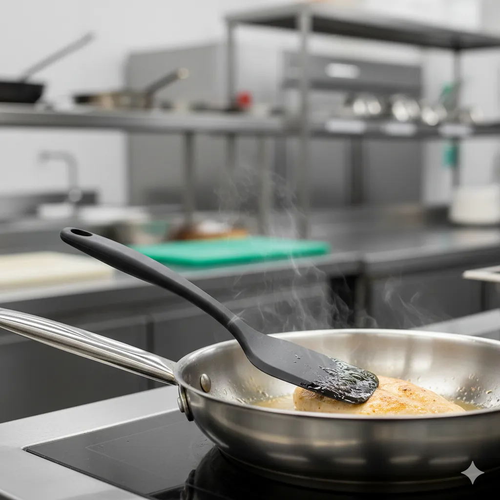 Flimsy plastic spatula melting on a pan