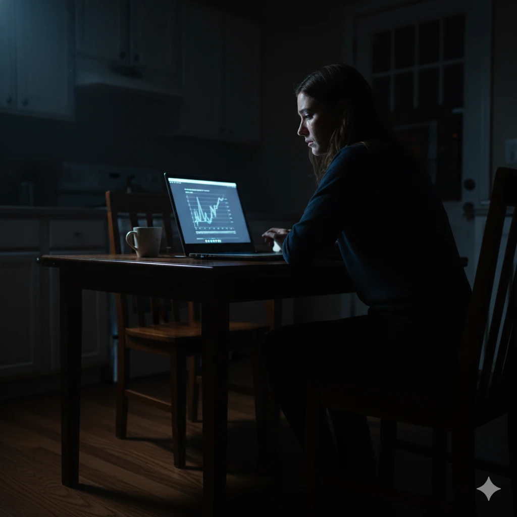 A woman sitting alone at night looking at a laptop