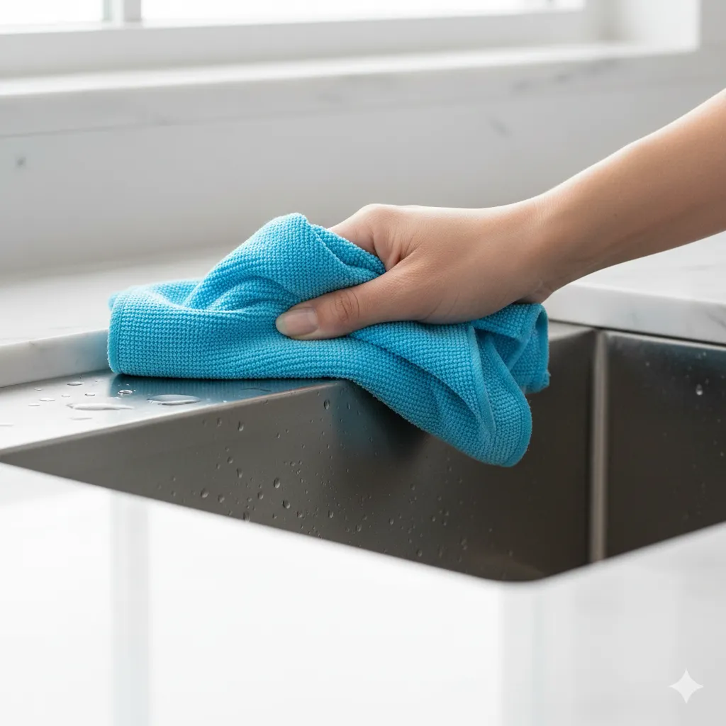 Hand wiping a shiny stainless steel sink with a microfiber cloth.