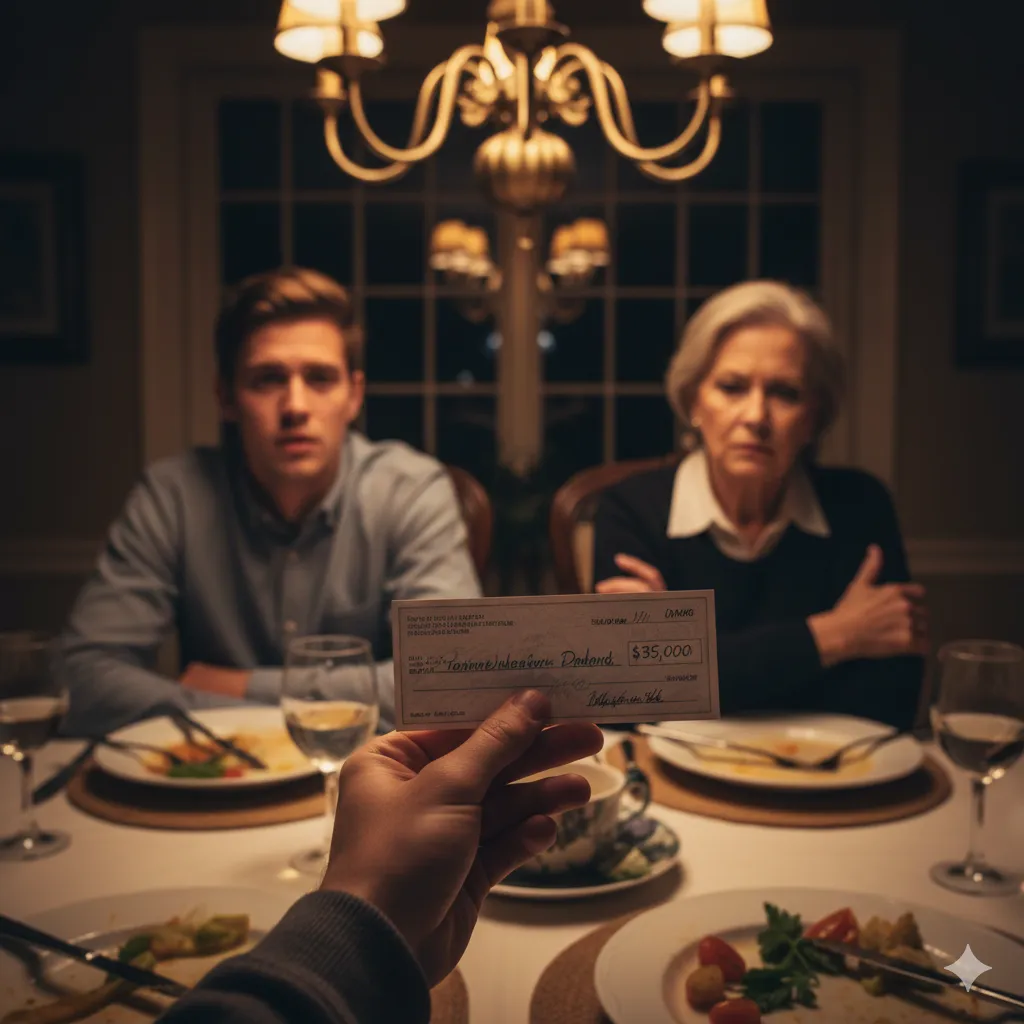 A tense family dinner scene with a large check visible on the table.