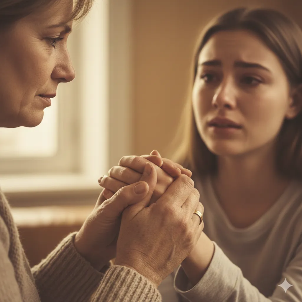 Close-up shot of an older woman's hand gently covering a younger woman's trembling hand.