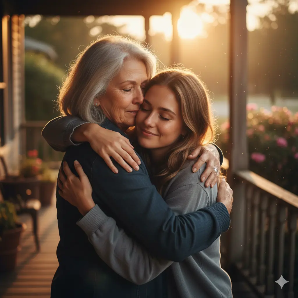 Mother and daughter hugging on the porch
