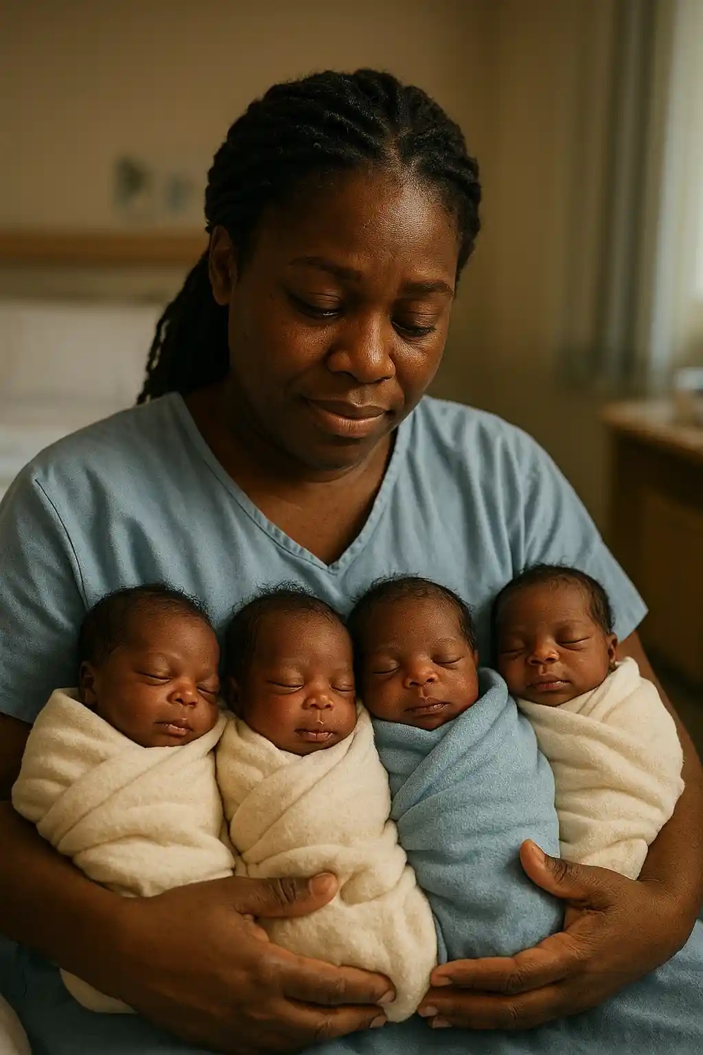A mother cradling five newborns in a hospital maternity ward, looking at them with love and determination.