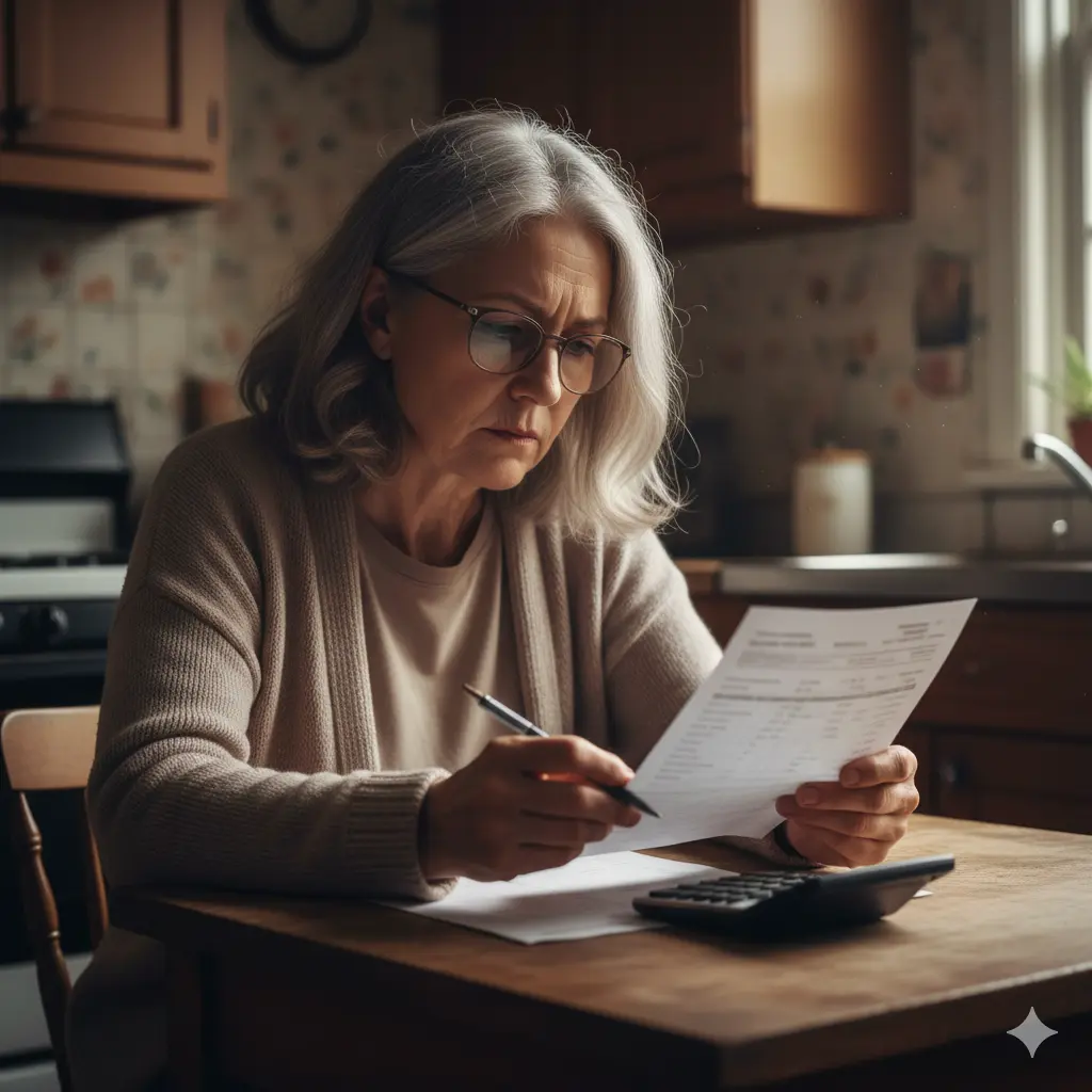 A photo of an older woman sitting at a kitchen table, intently reviewing a bank statement with a worried expression.