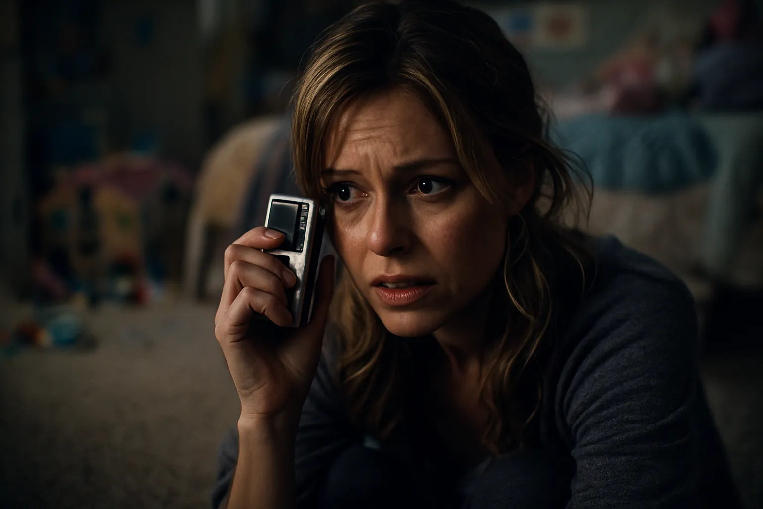 A woman (Melissa) sitting on a bedroom floor, looking distressed and anxious as she listens intently to a small voice recorder she holds in her hands.