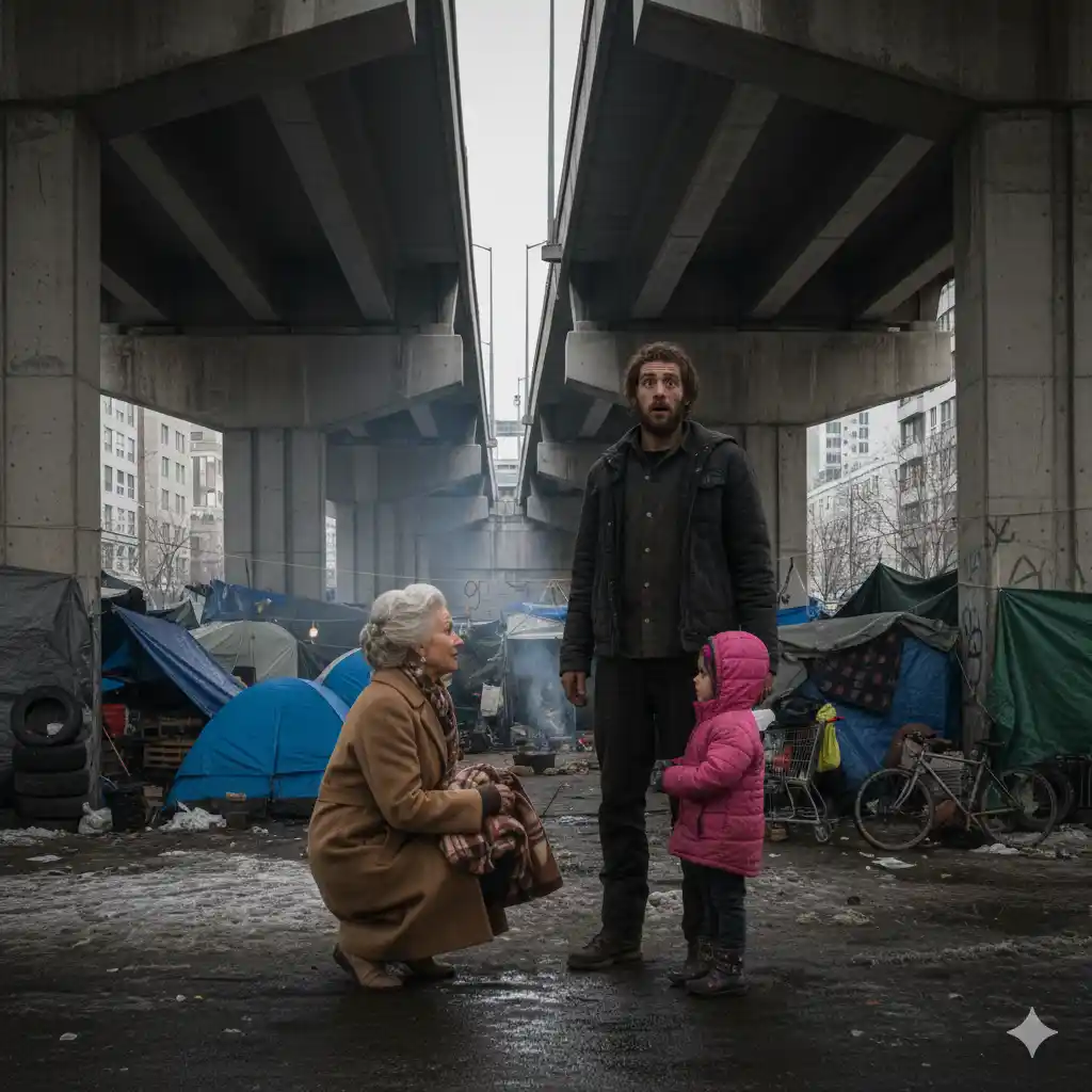 An older woman kneeling in the mud under an overpass, speaking gently to a young man and a little girl in a pink jacket. The young man looks shocked and protective.
