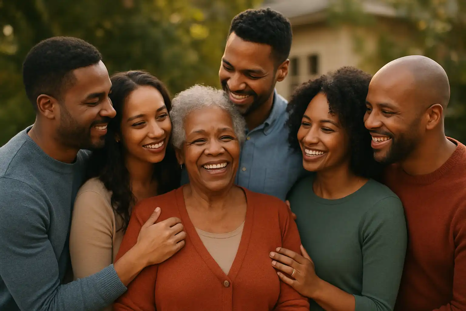 A loving mother surrounded by her five adult children, all smiling and embracing her, symbolizing their strong family bond.