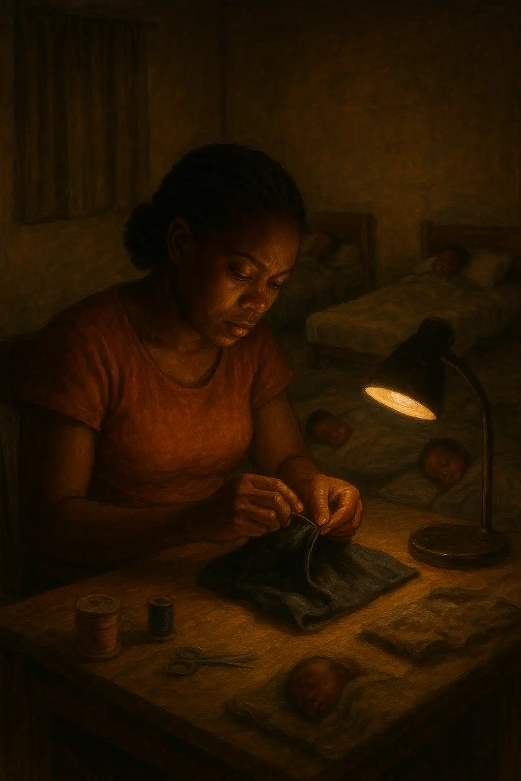 A determined mother working late at night, sewing by a lamp while her five children sleep peacefully in the background.