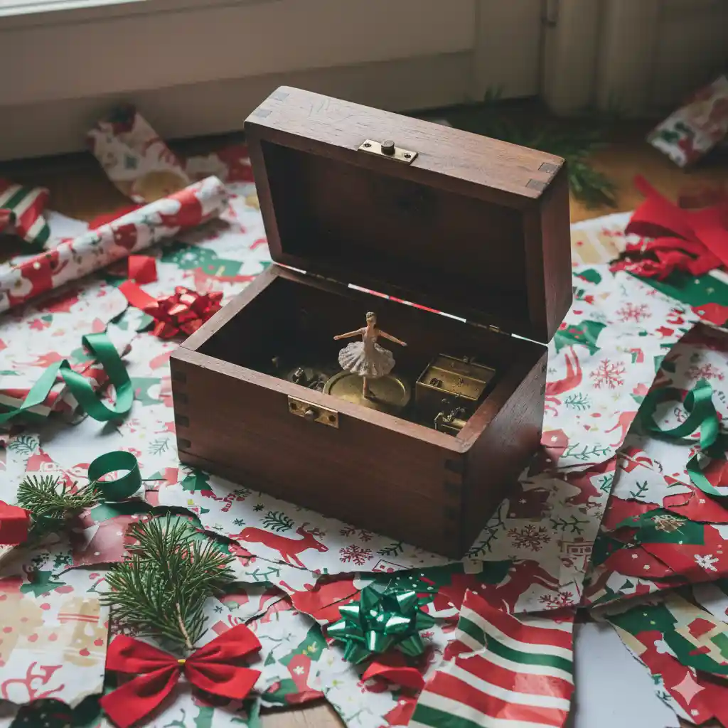 A vintage hand-carved music box on the floor