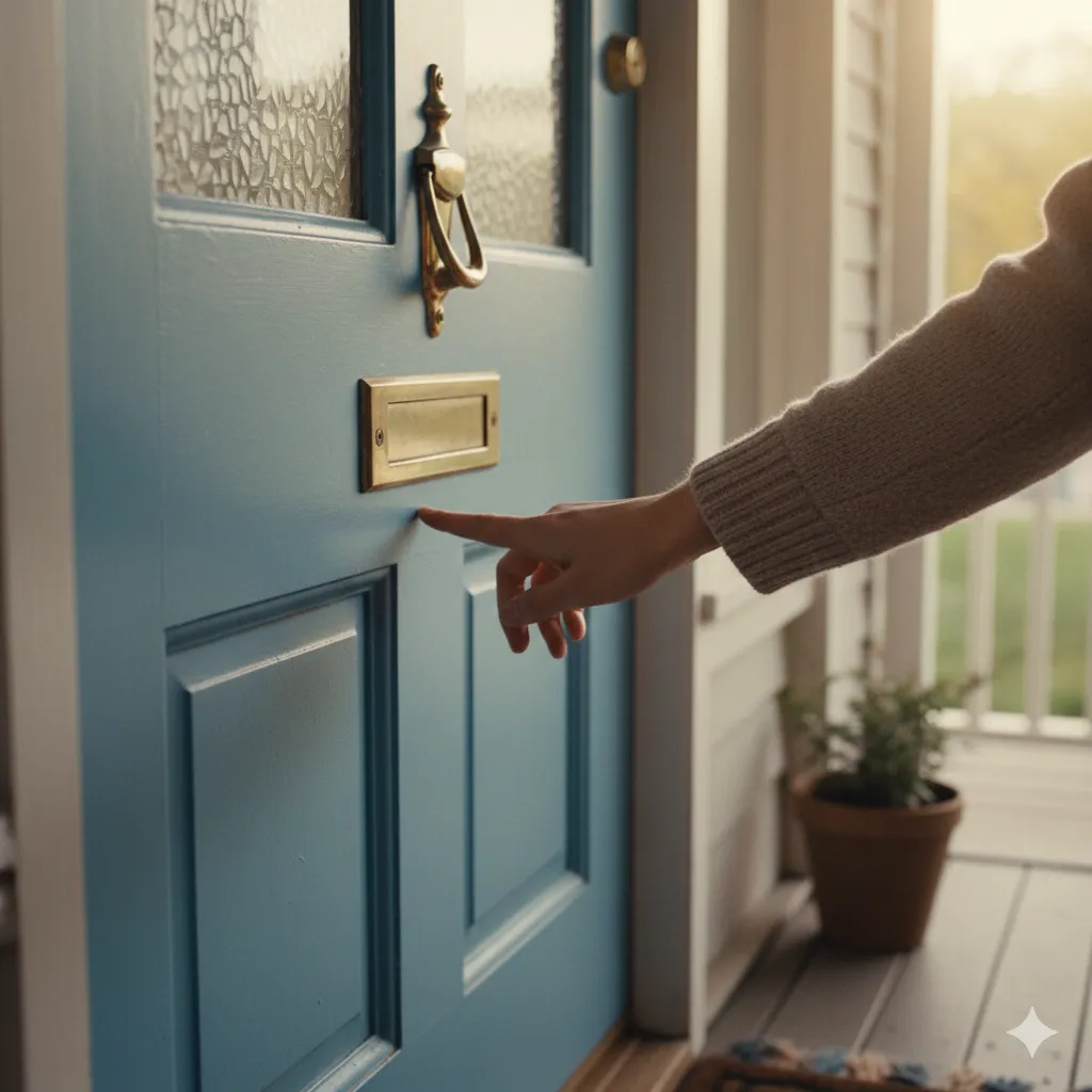 A gentle image of a person's hand knocking lightly on an older person's door, symbolizing a small, simple act of checking in and connection.