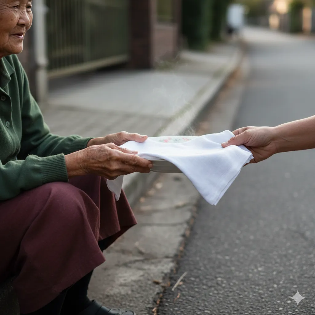 A hand gently passing a covered plate of food to an old woman sitting on a curb. The exchange is simple and quiet, emphasizing daily routine.