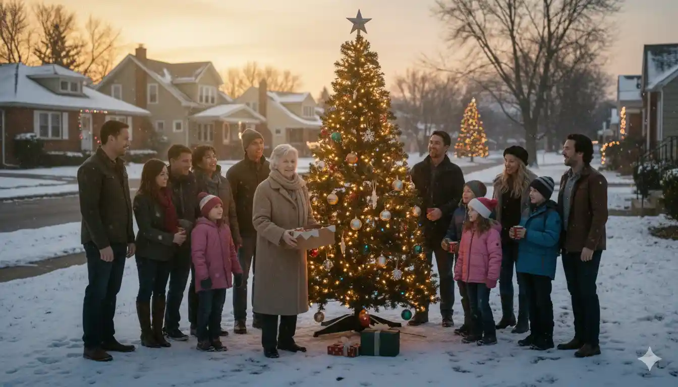 Mabel and her neighbors decorating a new tree