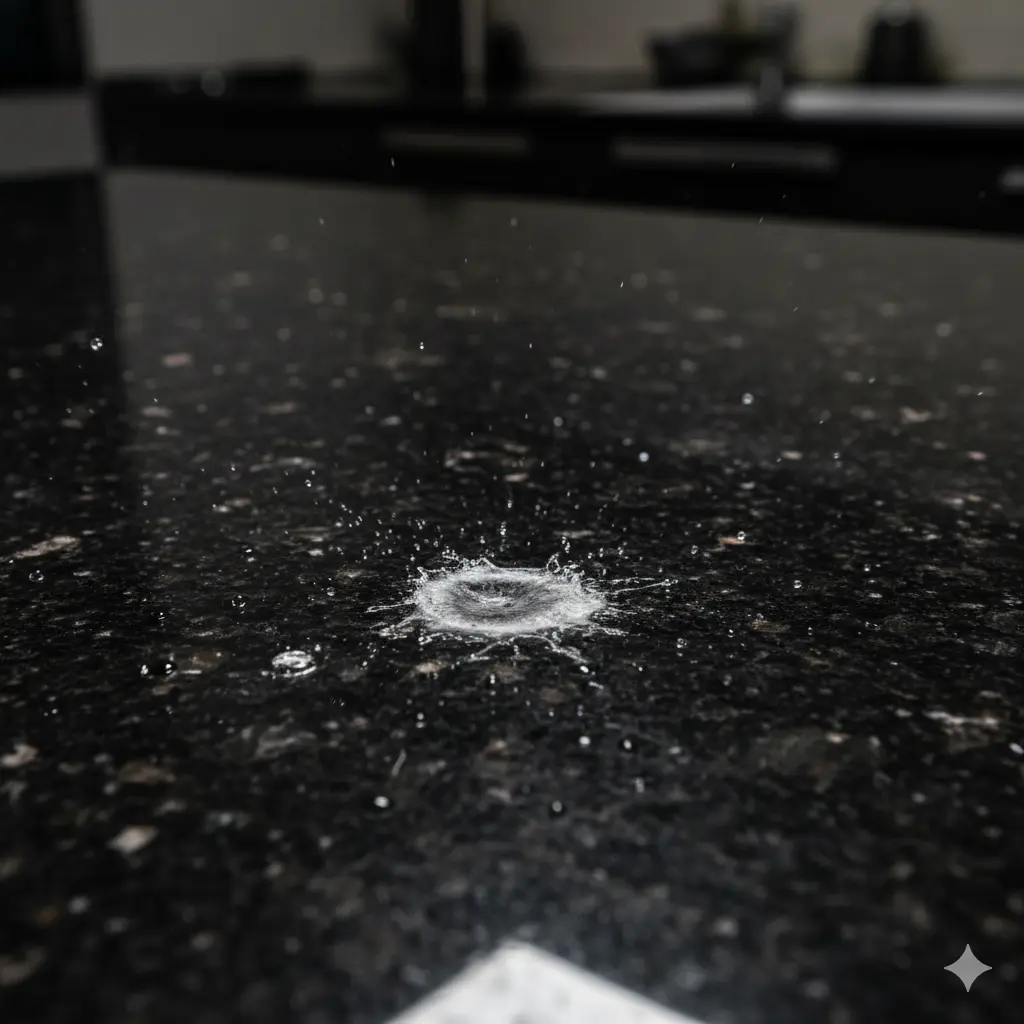A bottle of vinegar being poured onto a shiny granite countertop, with a vivid cloud of discoloration or etching forming instantly where the liquid touches the stone.