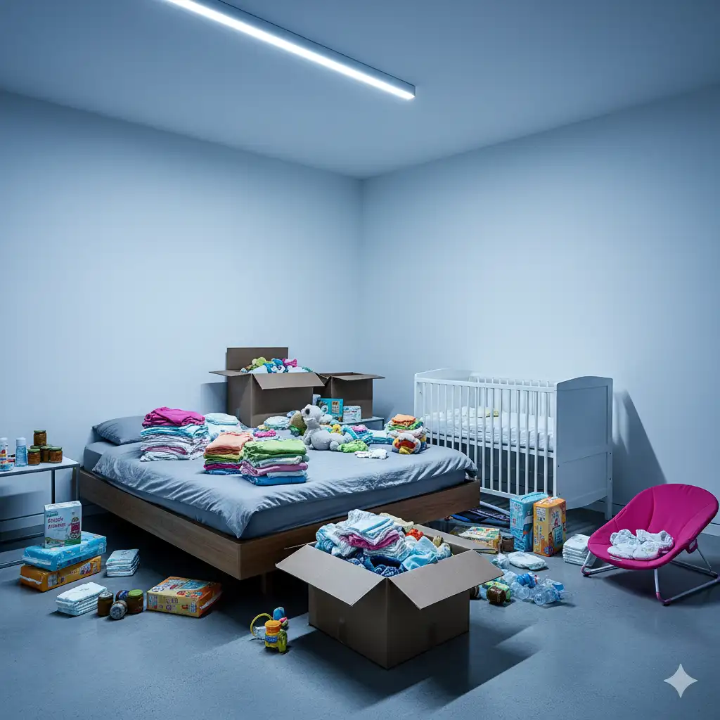 A guest room filled with baby boxes and a crib