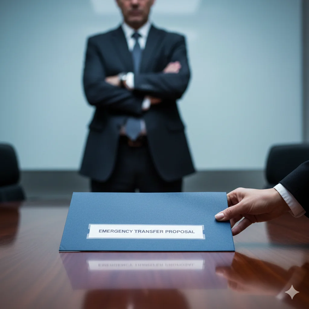 A woman placing an Emergency Transfer Proposal folder on a conference table.