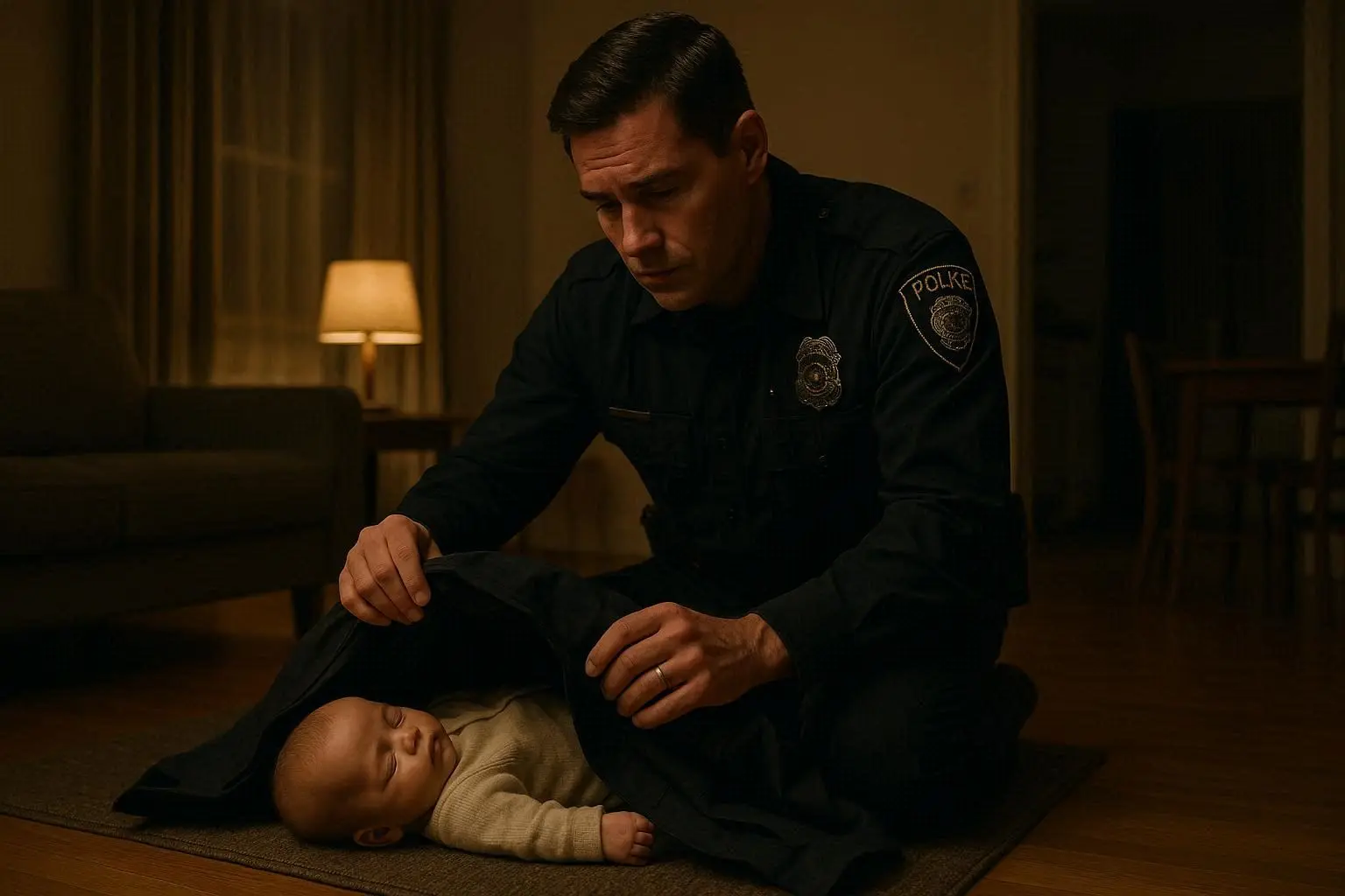 A scene from a dimly lit, cold, dilapidated apartment at night. A police officer is kneeling on a dirty floor, gently wrapping a tiny, crying newborn baby in his heavy police jacket.