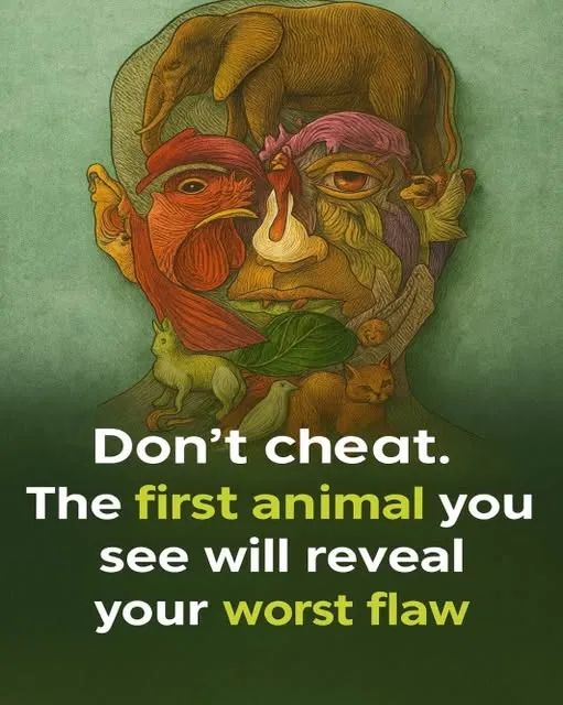 A complex line art optical illusion combining multiple animal outlines—such as an elephant, a lion, a bird, and a mouse—into a single, stylized shape. The challenge is seeing which animal stands out first.