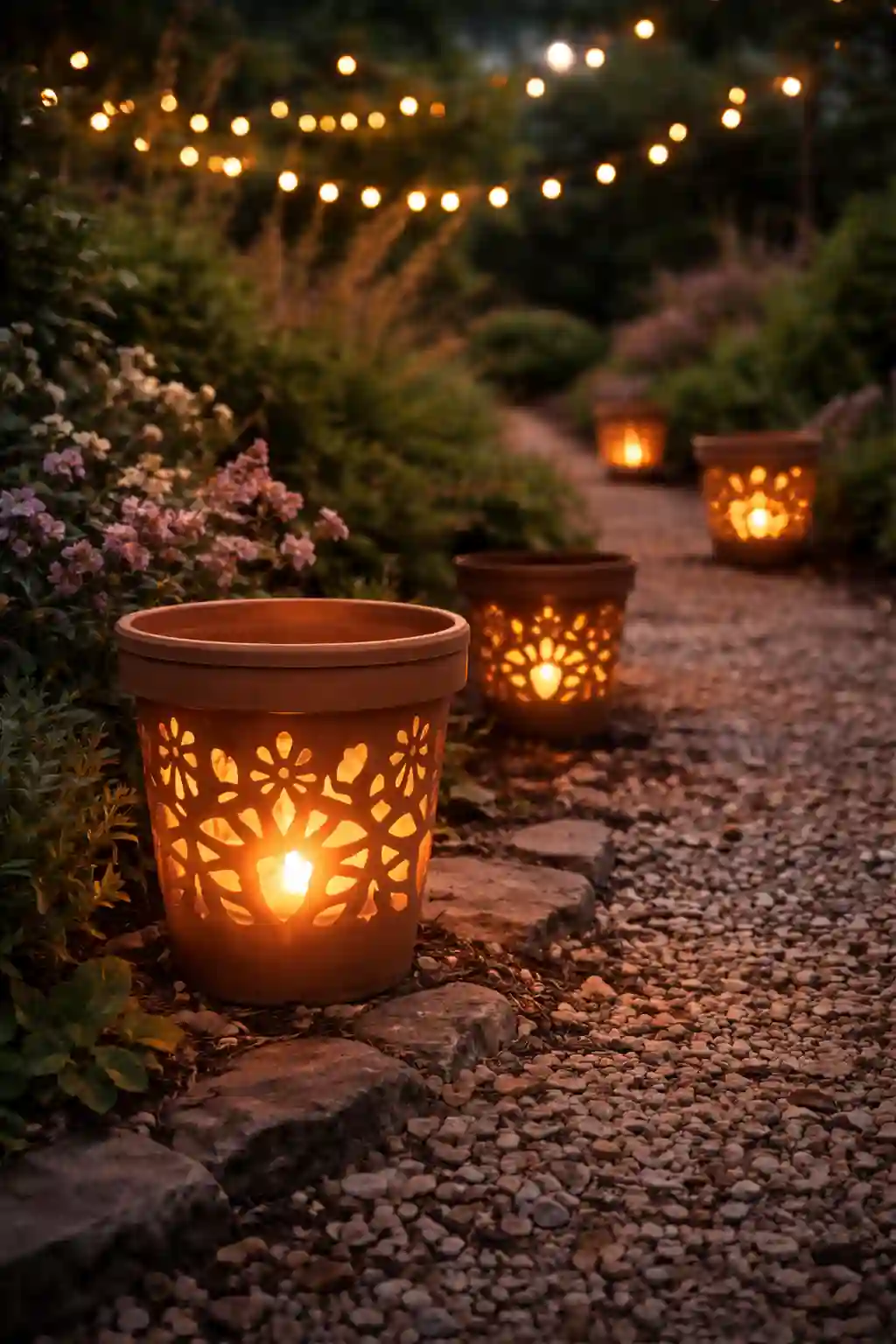 Plastic pot lanterns glowing along a garden path at dusk.