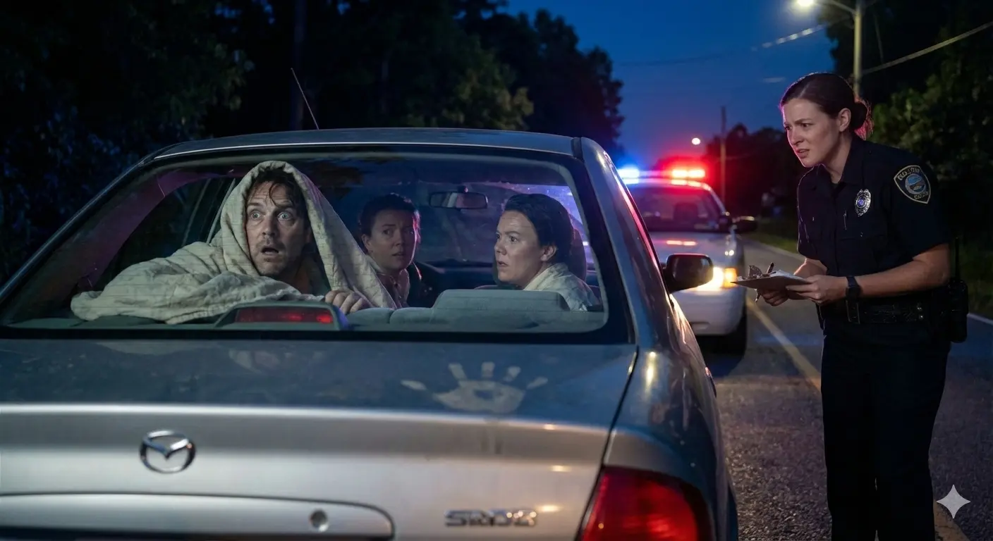 A stunned officer during a traffic stop as chaos escalates inside the car and attention shifts toward the trunk.