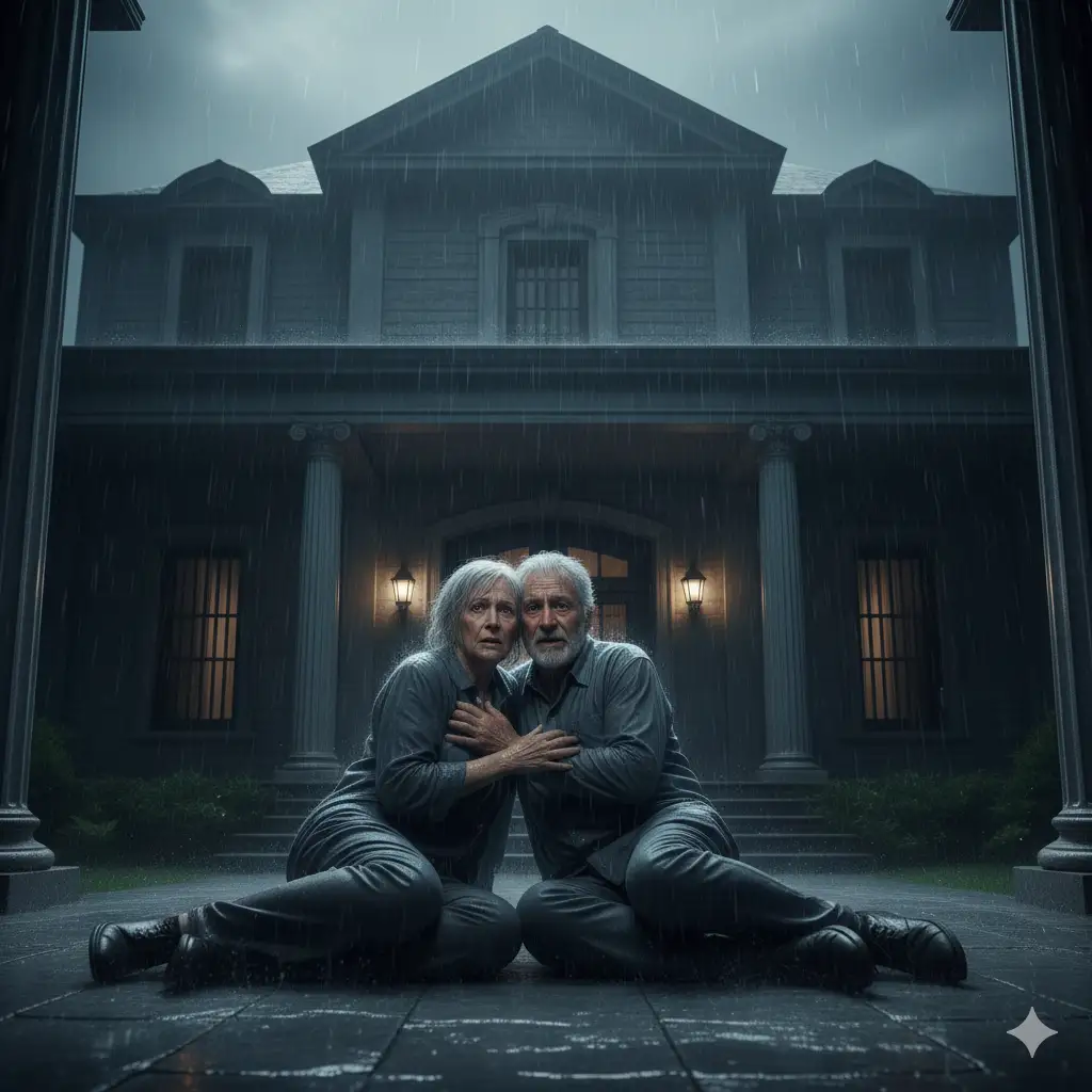 A dramatic image of an elderly couple huddled together under a porch roof in a heavy rainstorm, looking terrified and soaked, with a pile of blankets next to them. A large, expensive mansion is dark behind them.