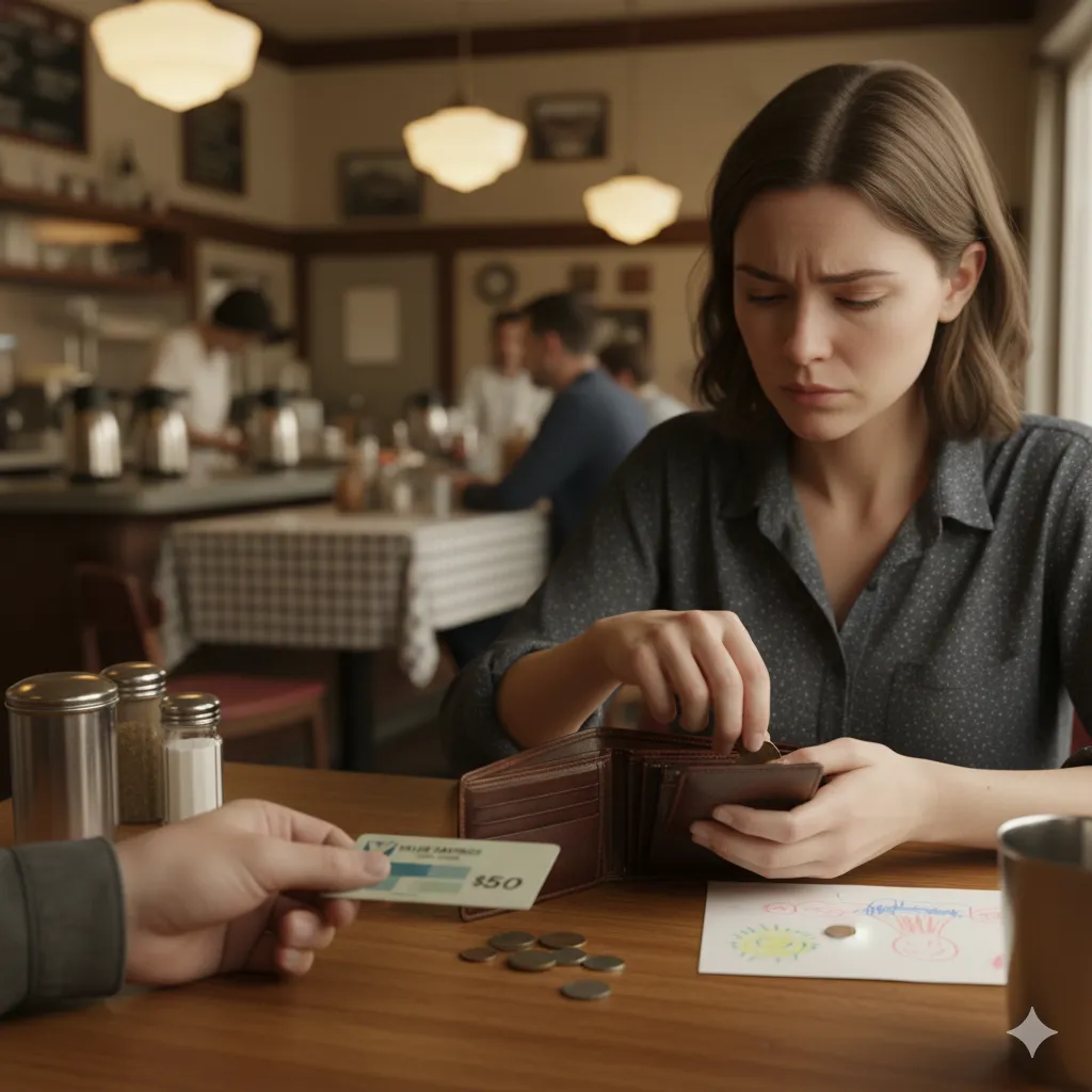 A soft-focus, candid image inside a diner showing a hand sliding a gift card next to a woman counting change.