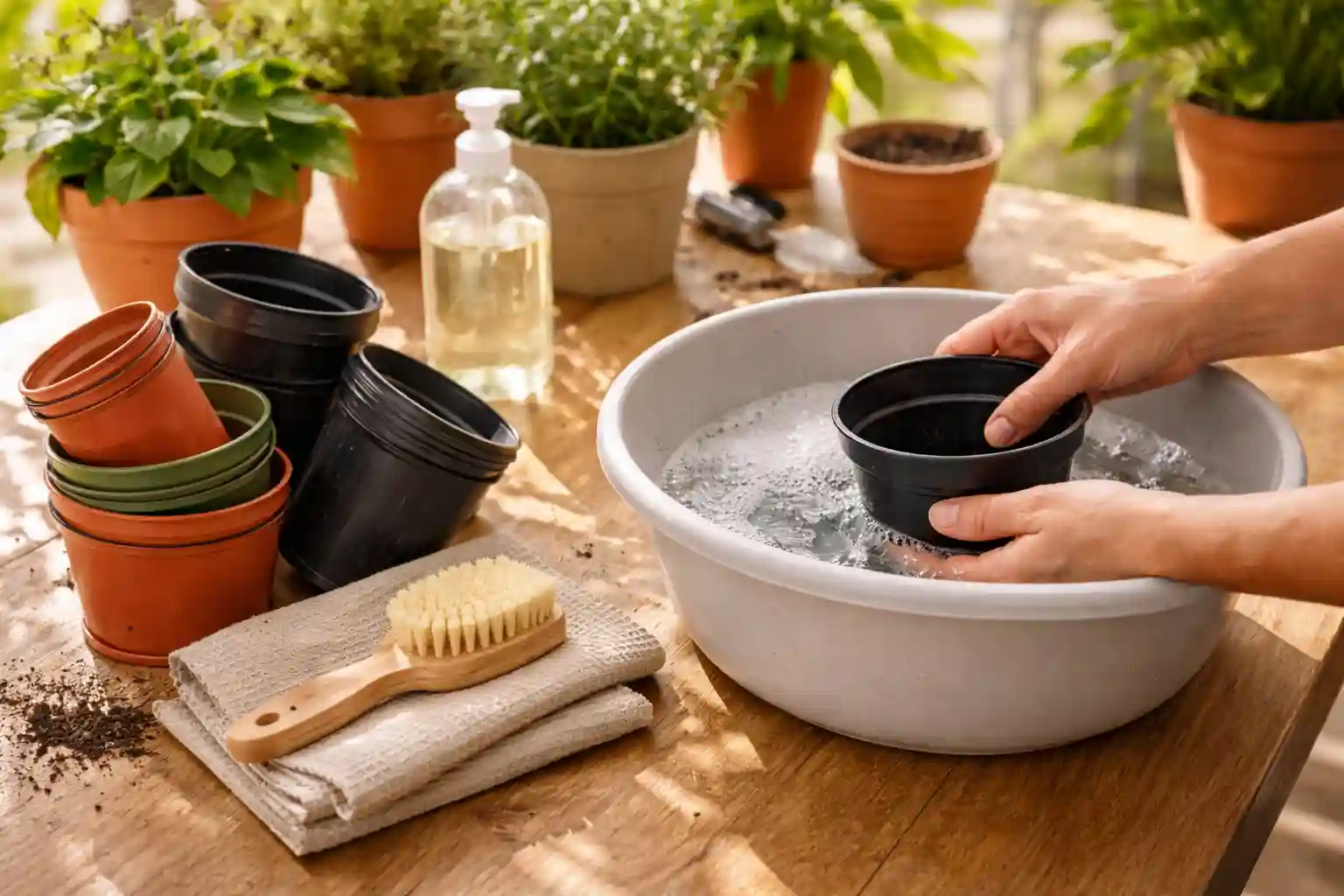 Used plastic plant pots being cleaned and prepared for reuse.