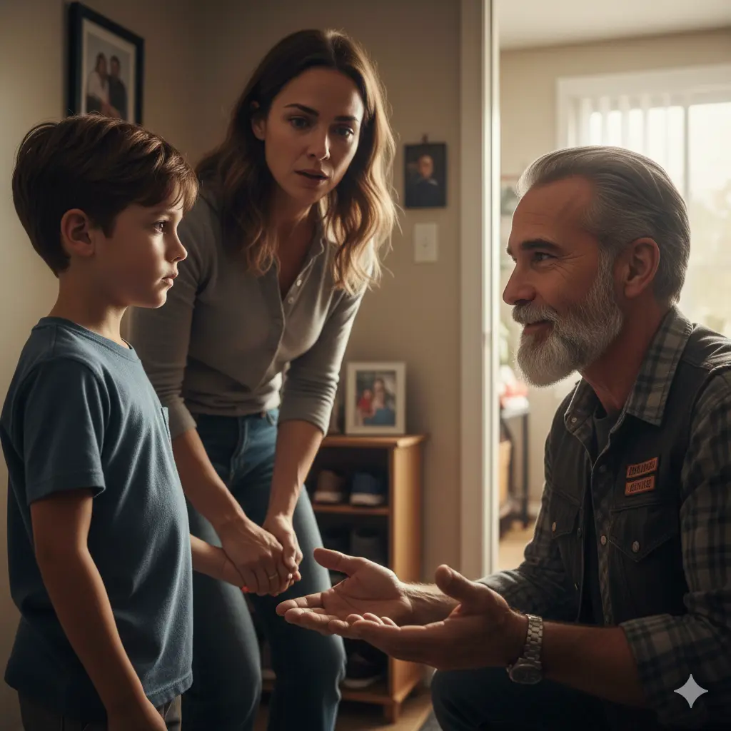 A young boy hugs a biker's leg while his mother watches with tears.