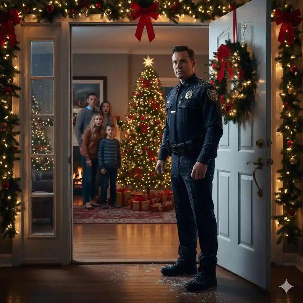 A uniformed police officer stands at the open front door of a home decorated for Christmas. Snow is visible on his boots. Family members inside look shocked and alarmed.
