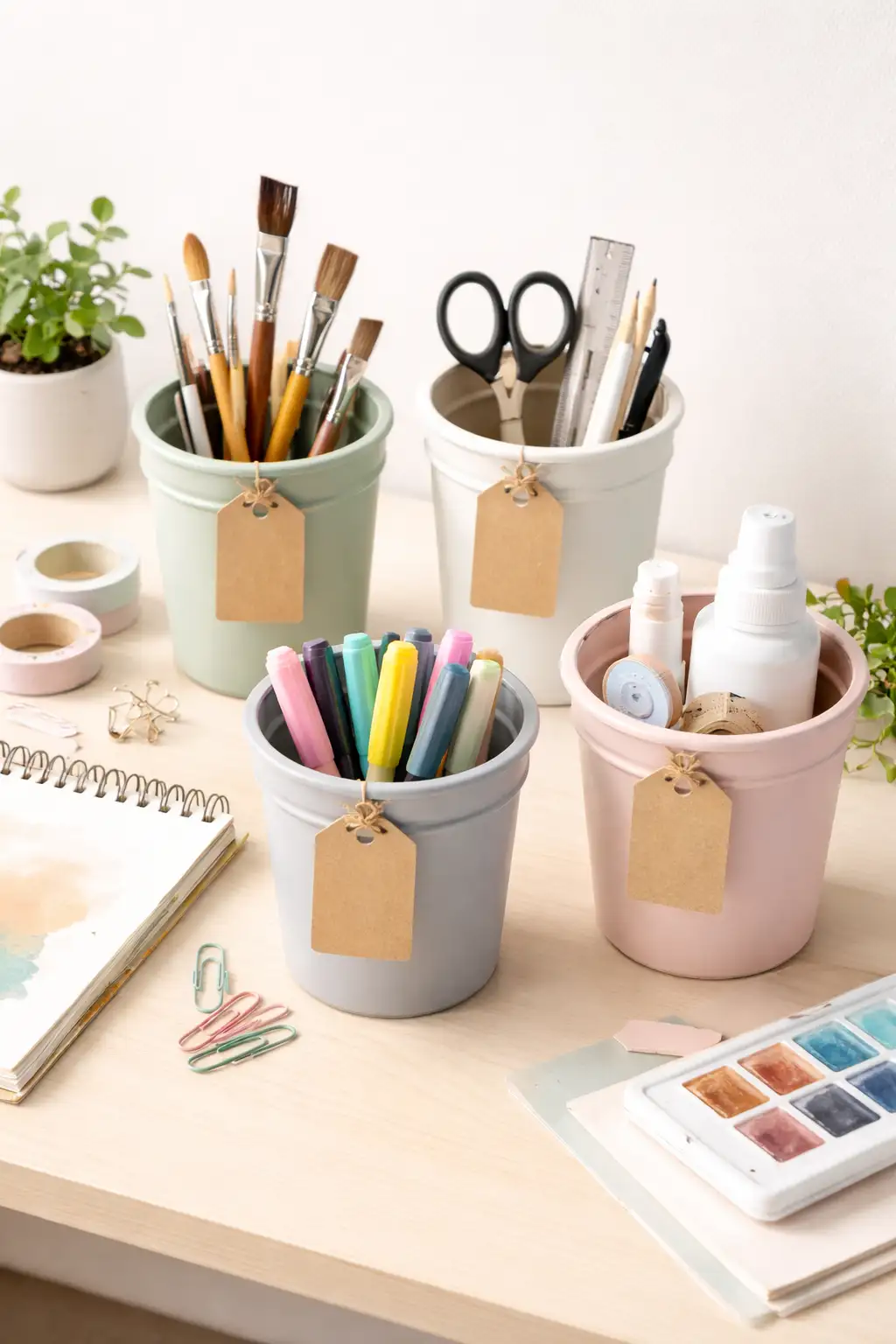 Painted plastic pots used as organizers for craft supplies on a desk.