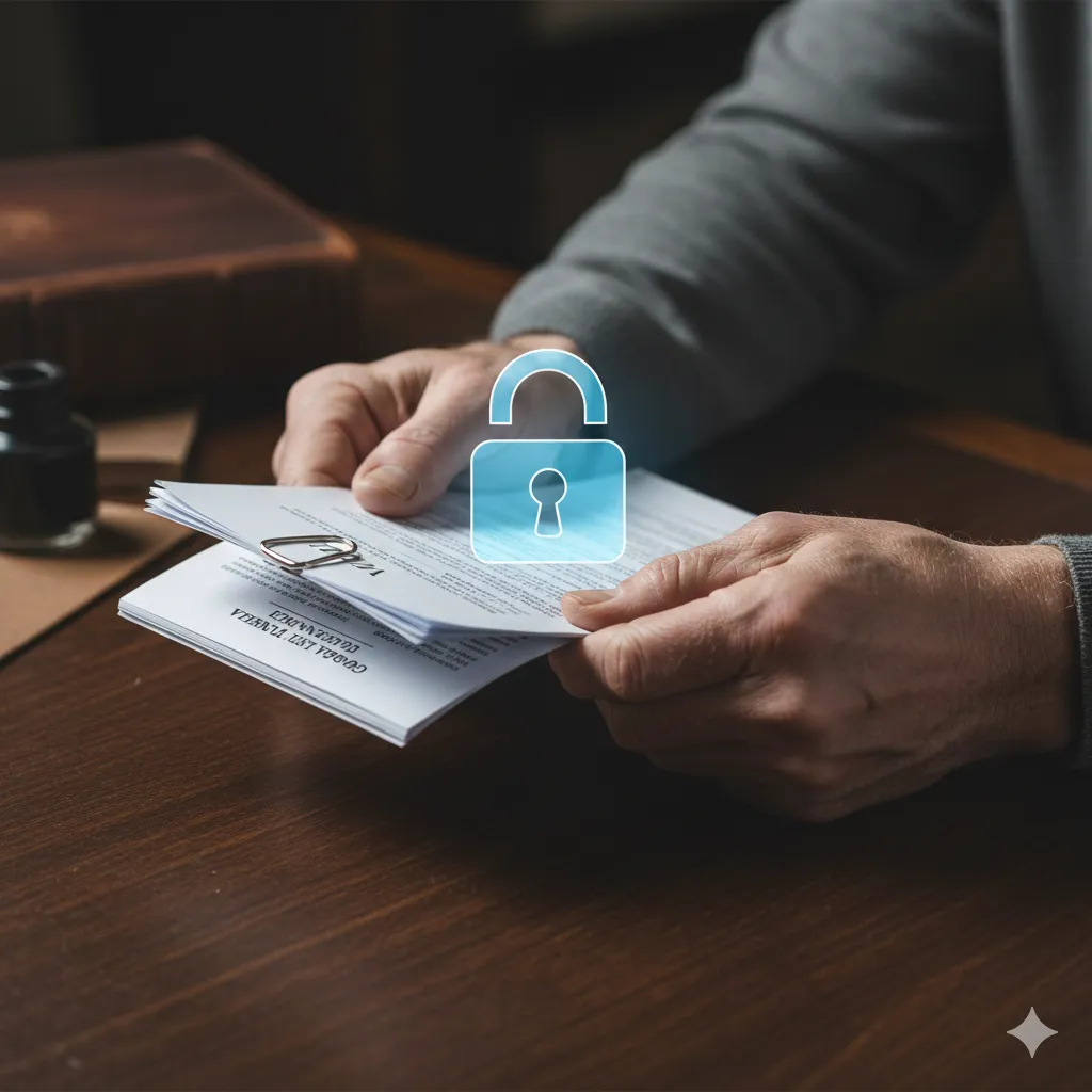 A close-up of an older person's hands holding a house key and financial documents on a desk with a subtle padlock icon.