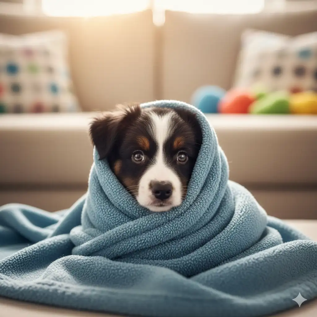 A cute border collie puppy in a blanket