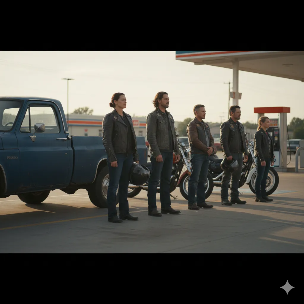 A small group standing calmly in a gas station parking lot, showing quiet support and firm presence.