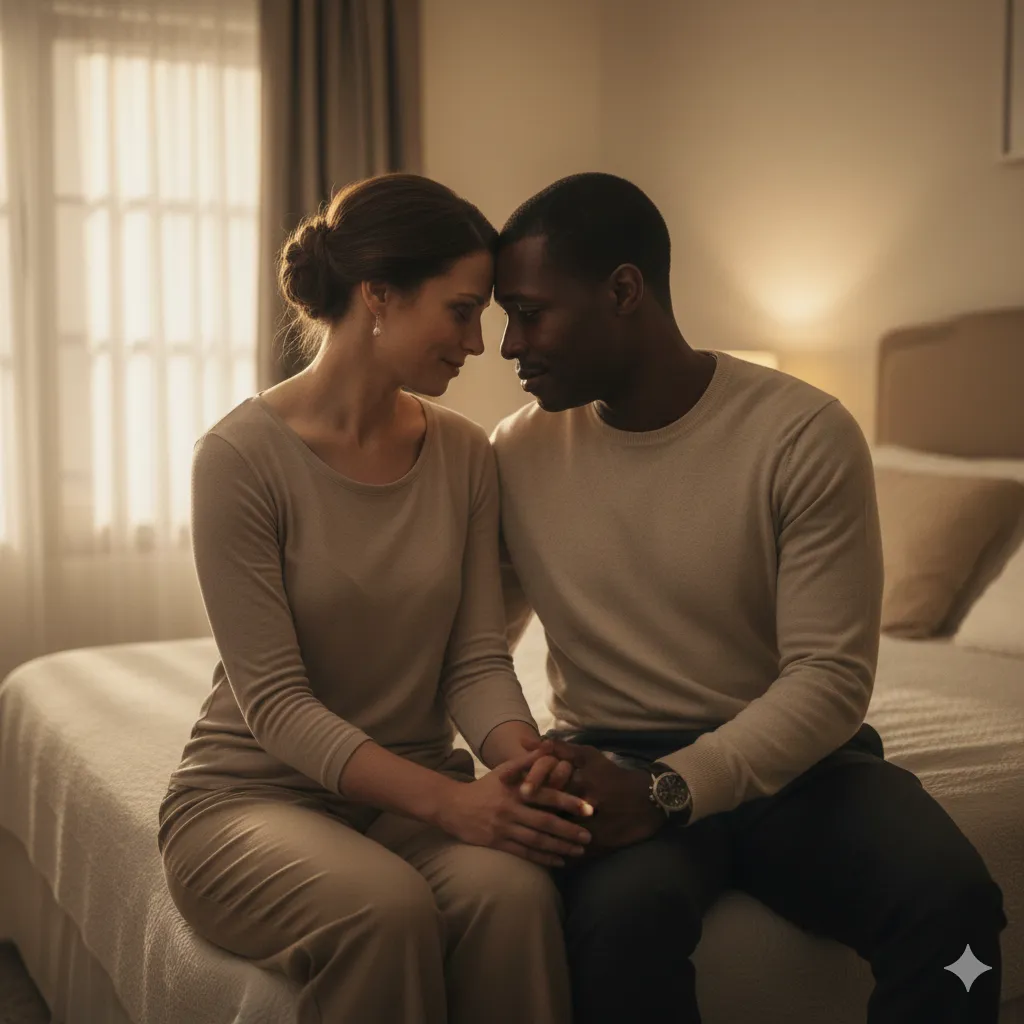 A couple holding hands in soft morning light, calm and close, fully clothed.