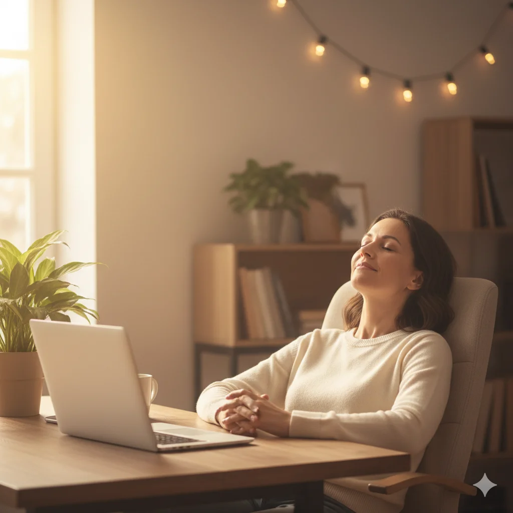 A woman looking relaxed and peaceful at her desk after taking a break