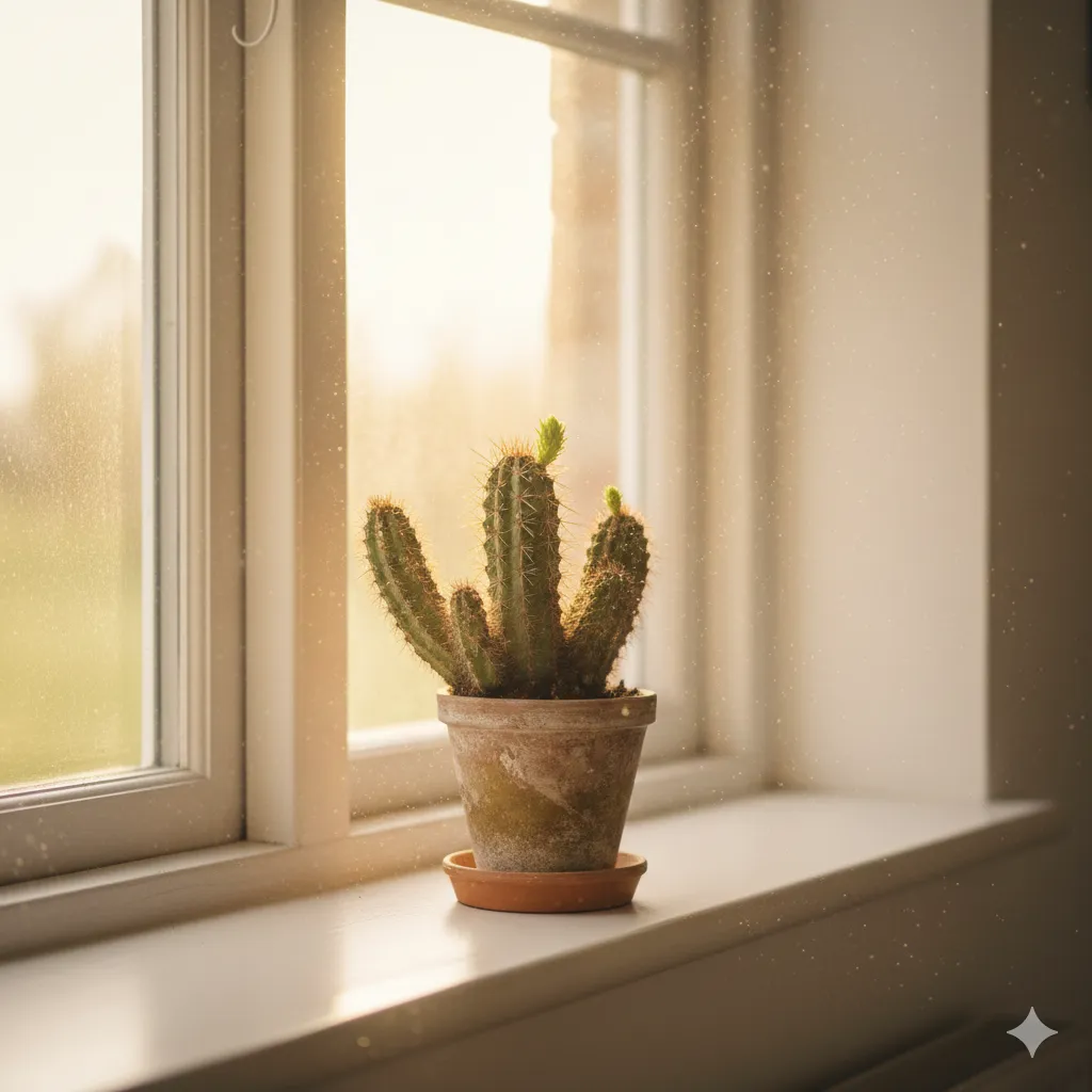 A cactus growing by a sunny window, symbolizing resilience and quiet strength.