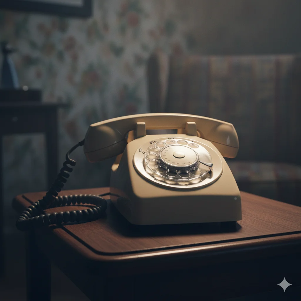 A close-up of an old-style phone ringing, suggesting an unexpected call.