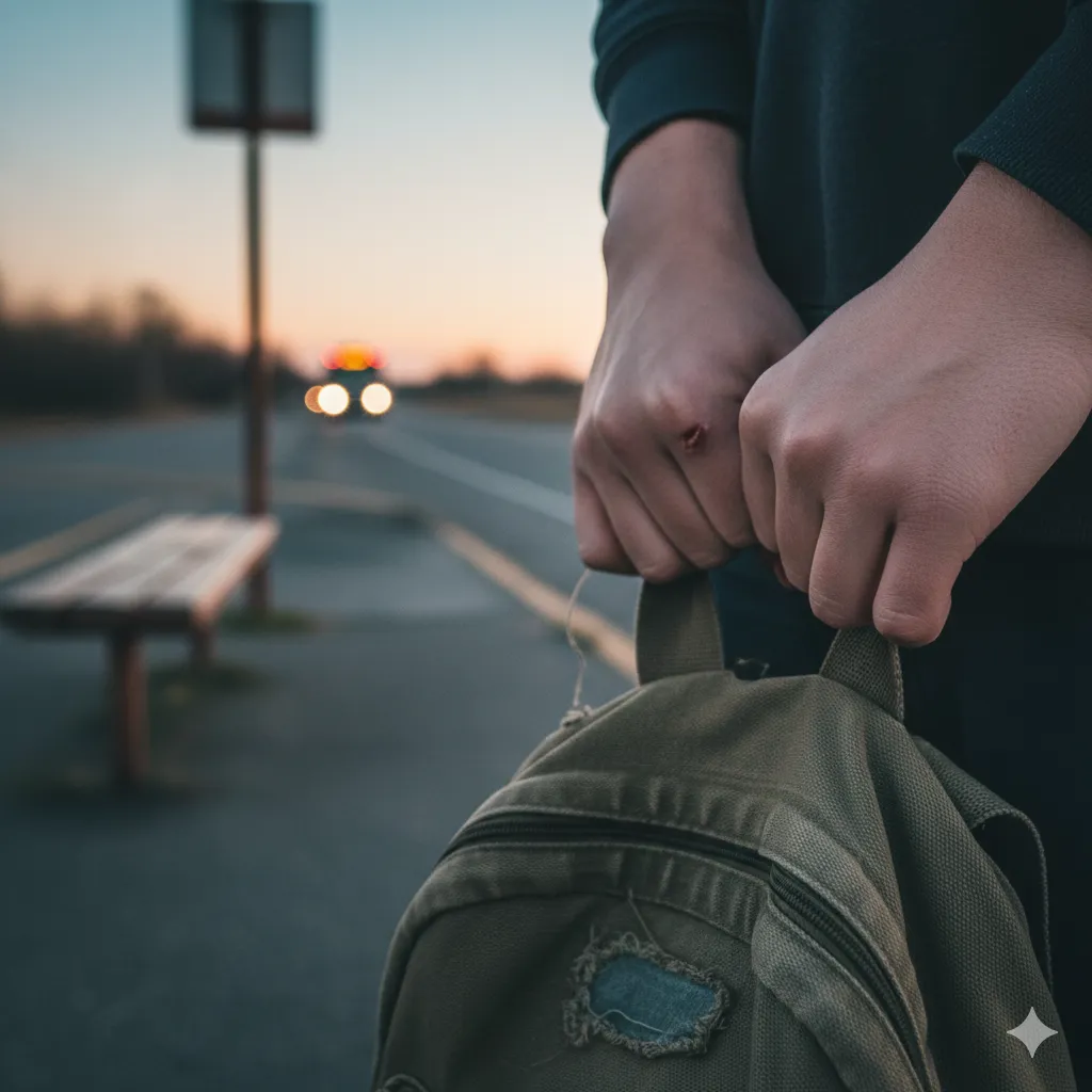 A close-up of a teenager's hands gripping a worn backpack strap, suggesting departure.