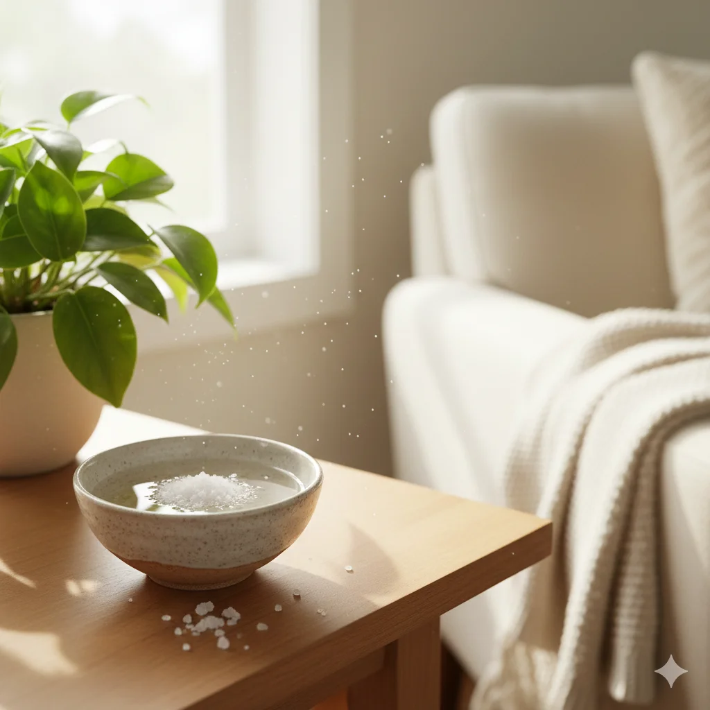 A glass bowl with coarse salt and vinegar placed in a cozy room to help freshen the air