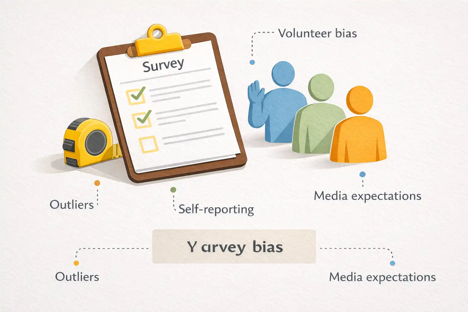Illustration explaining self-reporting and volunteer bias in surveys.