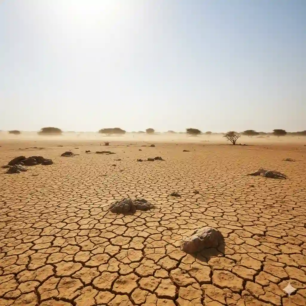 A vast, scorching desert landscape in the Barmer district of Rajasthan, India, under an intensely bright, high-noon sun. The heat waves are visibly shimmering.